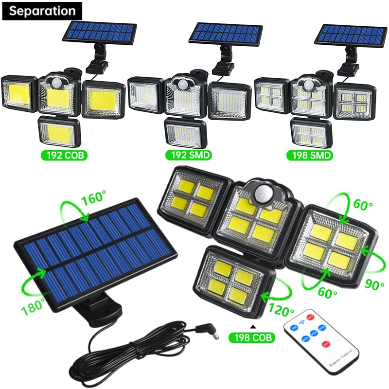 Solar Motion Lights 192/198 LED/COB Solar Light Outdoor Indoor Adjustable Angle Decoration Lighting for Garage Garden Home Wall