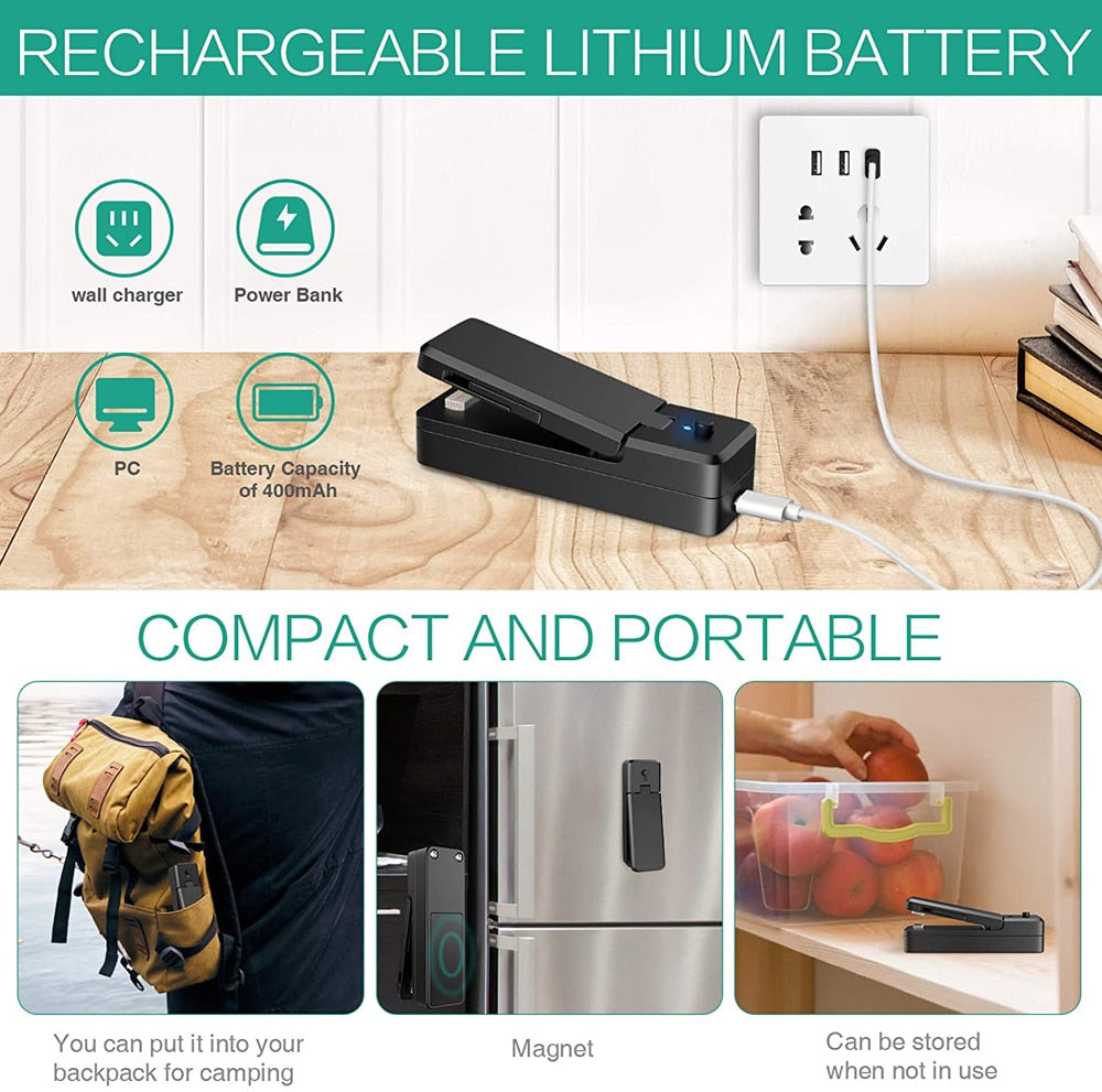 Mini Bag Sealer 2 in 1 Rechargeable Portable Bag Vacuum Heat Sealer&Cutter for Plastic Snack PVC