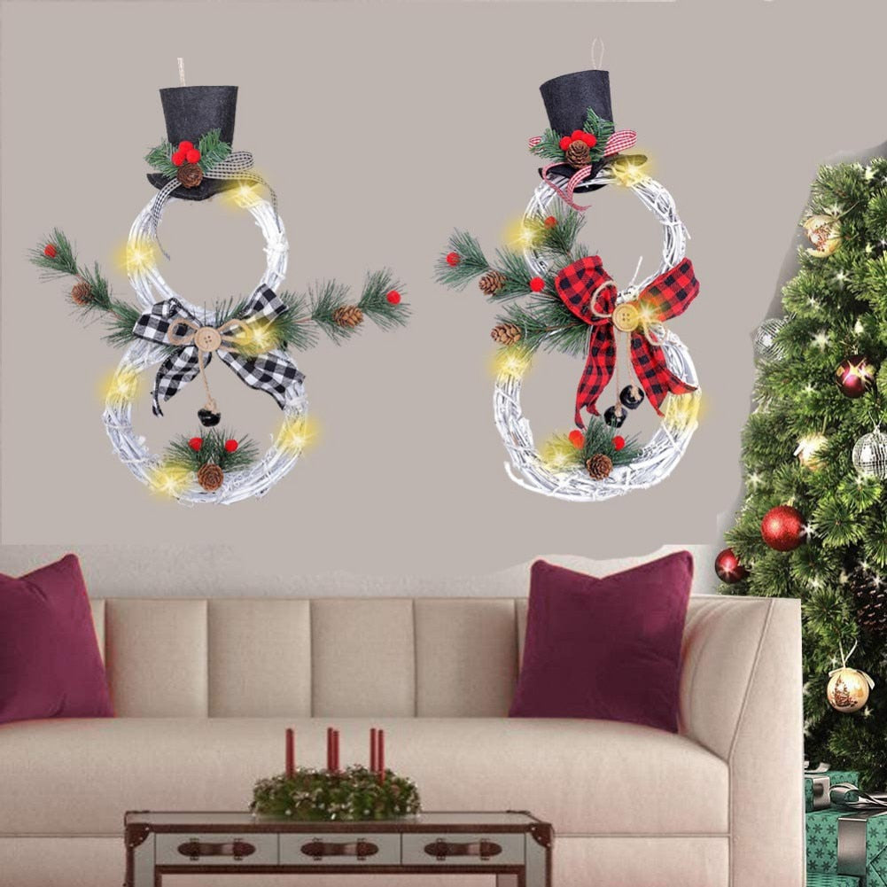 Christmas Garland LED Light Snowman Rattan Wreath for Front Door Christmas Decorations for Home