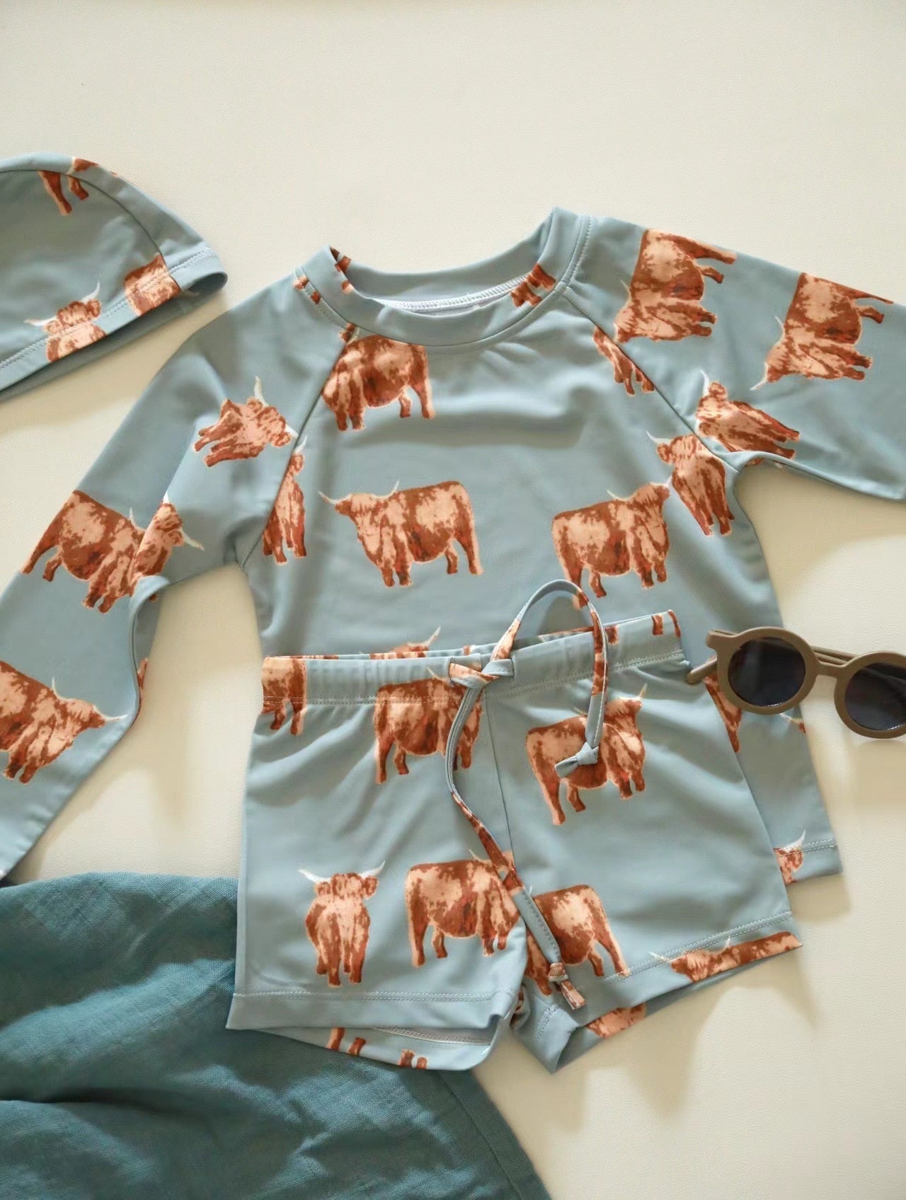 deer jonmi Summer Baby Boys Cartoon Printed Swimwear Sets Long Sleeve Tops Shorts 2pcs Sun-proof Beach Children Elastic Swimsuit