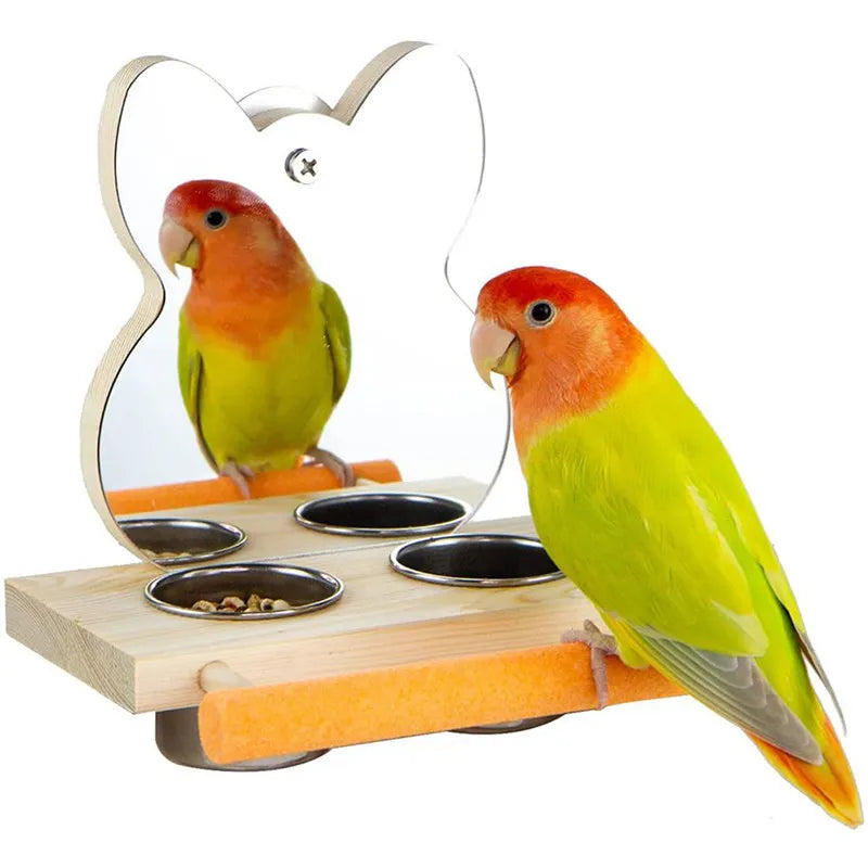 Parrots Mirror With Feeder Cups Bowl Wooden Birds Interactive Self-happy Toy Puzzle Toy Bird Cage Parrot Toys Accessories