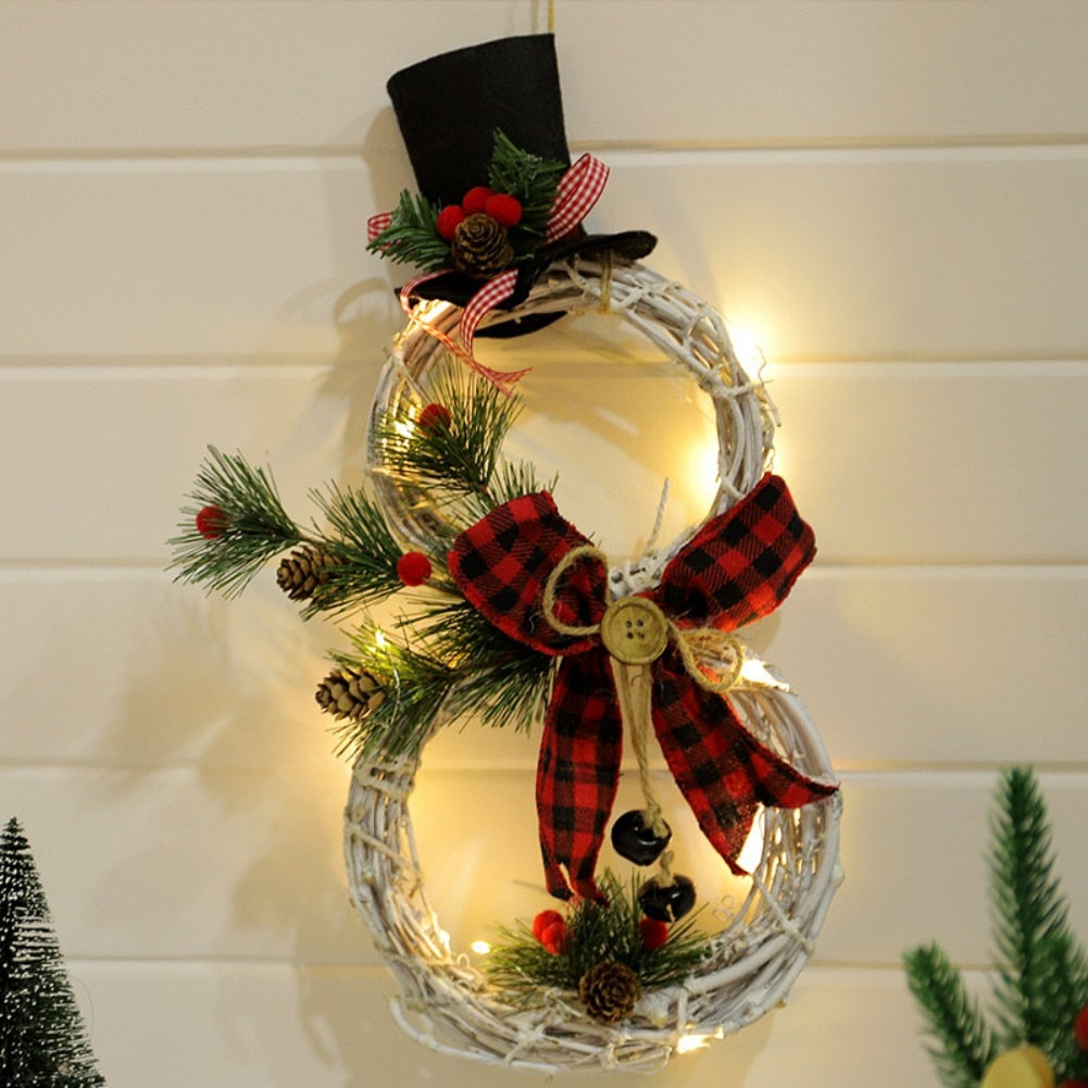 Christmas Garland LED Light Snowman Rattan Wreath for Front Door Christmas Decorations for Home