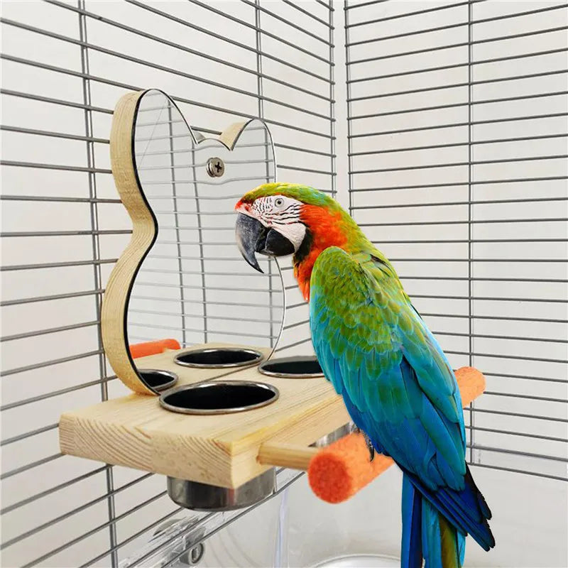 Parrots Mirror With Feeder Cups Bowl Wooden Birds Interactive Self-happy Toy Puzzle Toy Bird Cage Parrot Toys Accessories