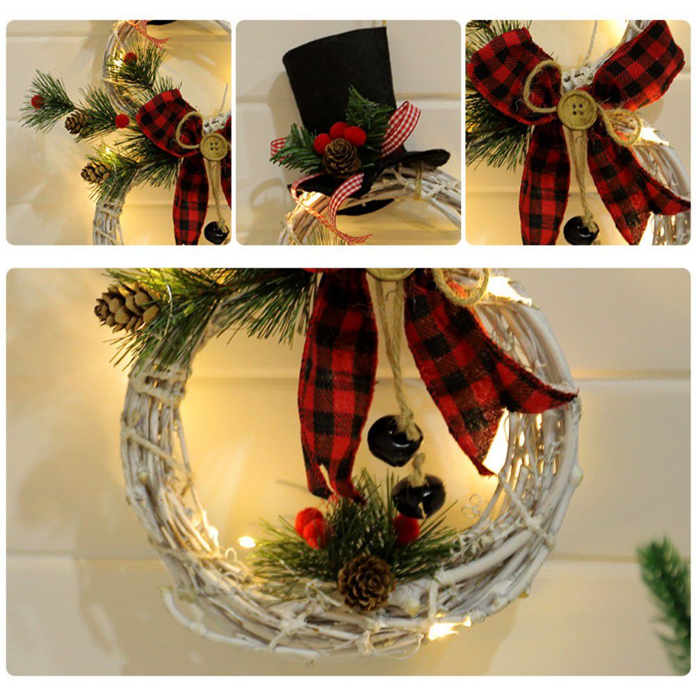 Christmas Garland LED Light Snowman Rattan Wreath for Front Door Christmas Decorations for Home