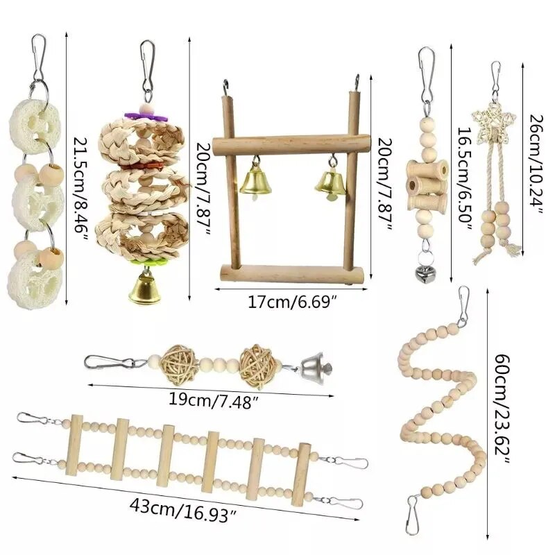 Combination Bird Toys Set Swing Chewing Training Toys Small Parrot Hanging Hammock Parrot Cage Bell Perch Toys with Ladder Toys