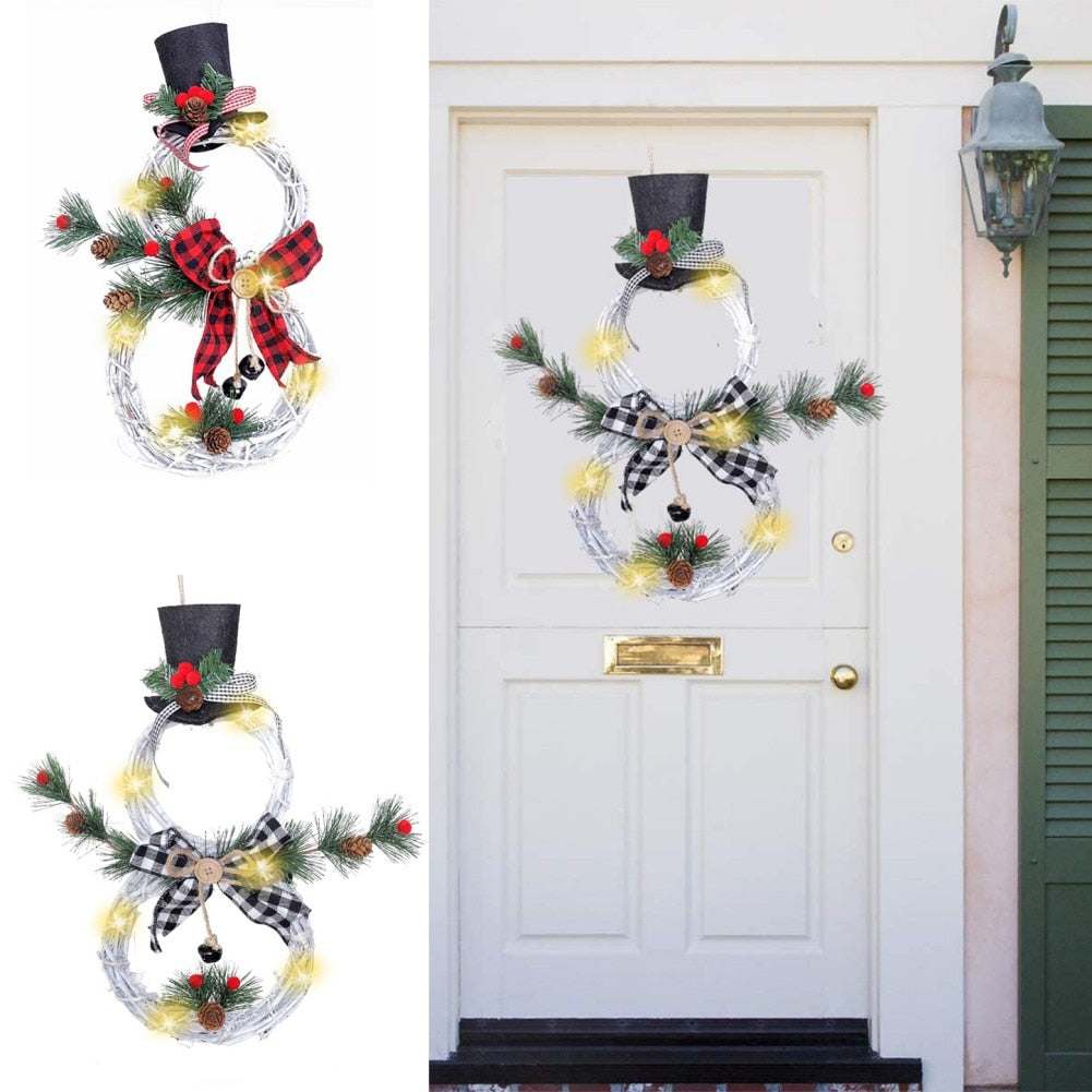 Christmas Garland LED Light Snowman Rattan Wreath for Front Door Christmas Decorations for Home