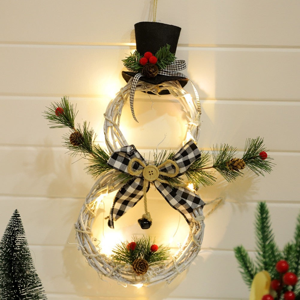 Christmas Garland LED Light Snowman Rattan Wreath for Front Door Christmas Decorations for Home