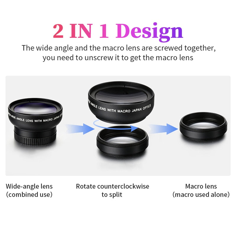 TIDOVE 2 IN 1 Lens Universal Clip 37mm Mobile Phone Lens Professional 0.45x 49uv Super Wide-Angle + Macro HD Lens For iPhone 13