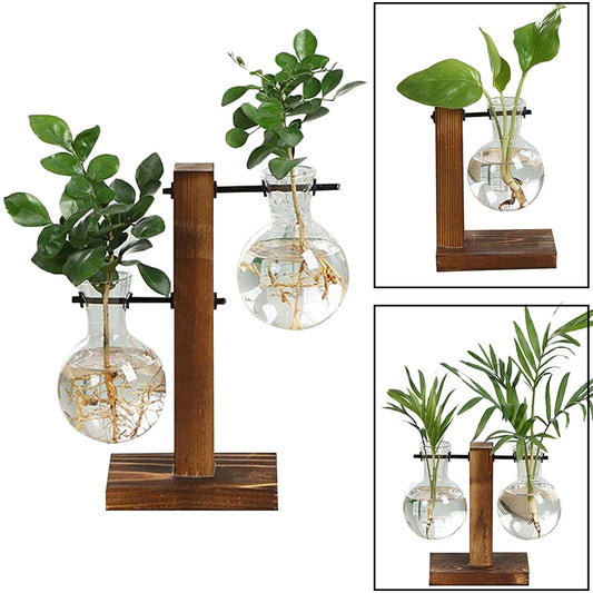 Terrarium Hydroponic Plant Vases Vintage Flower Pot Transparent Vase Wooden Frame Glass Tabletop Plants