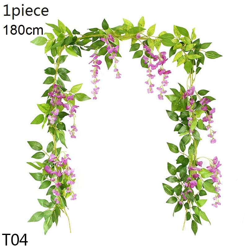 Wisteria Artificial Flower Vine Ivy Leaf Garland Silk Rose Flowers Rattan String Vine Wedding Arch Flower Home Garden Decoration