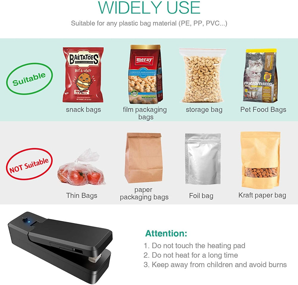 Mini Bag Sealer 2 in 1 Rechargeable Portable Bag Vacuum Heat Sealer&amp;Cutter for Plastic Snack PVC