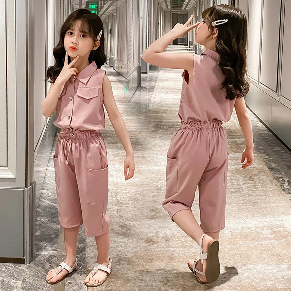 Summer Baby Girls Clothes Sets Sleeveless T-shirt + Pants 2PCS Fashion Children&#39;s Clothing Suits Kids Outfits4-12 Year