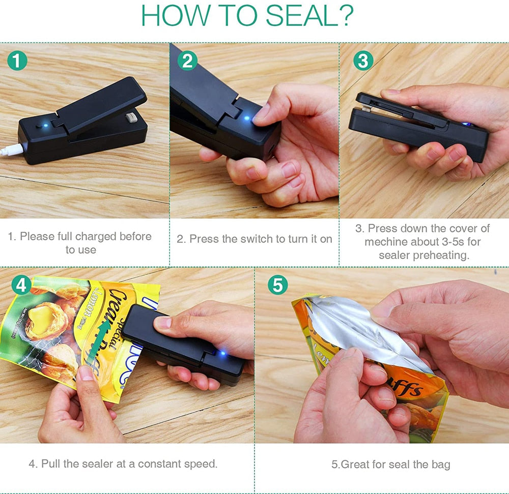 Mini Bag Sealer 2 in 1 Rechargeable Portable Bag Vacuum Heat Sealer&amp;Cutter for Plastic Snack PVC