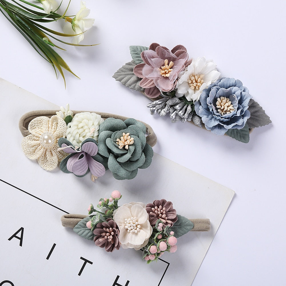 2Pcs/3Pcs/Lot Artificial Flower Baby Headband Newborn Boy Girl Pearl Elastic Nylon Hair Band Child