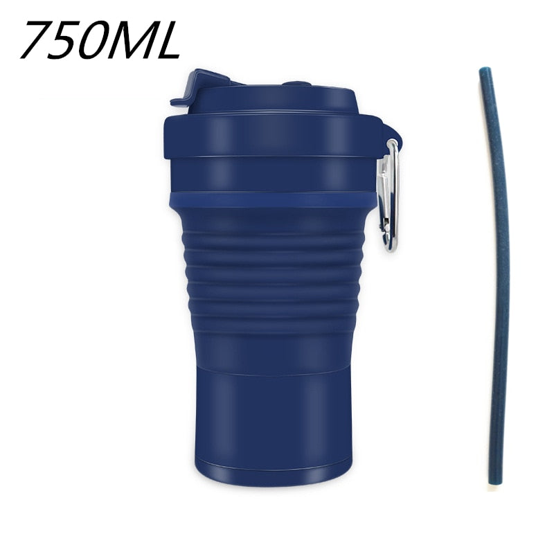 Food Grade Silicone Coffee Cups  With Straw BPA FREE 550/750ML Water Cup Outdoors Camping Hiking  Foldable Water Bottle