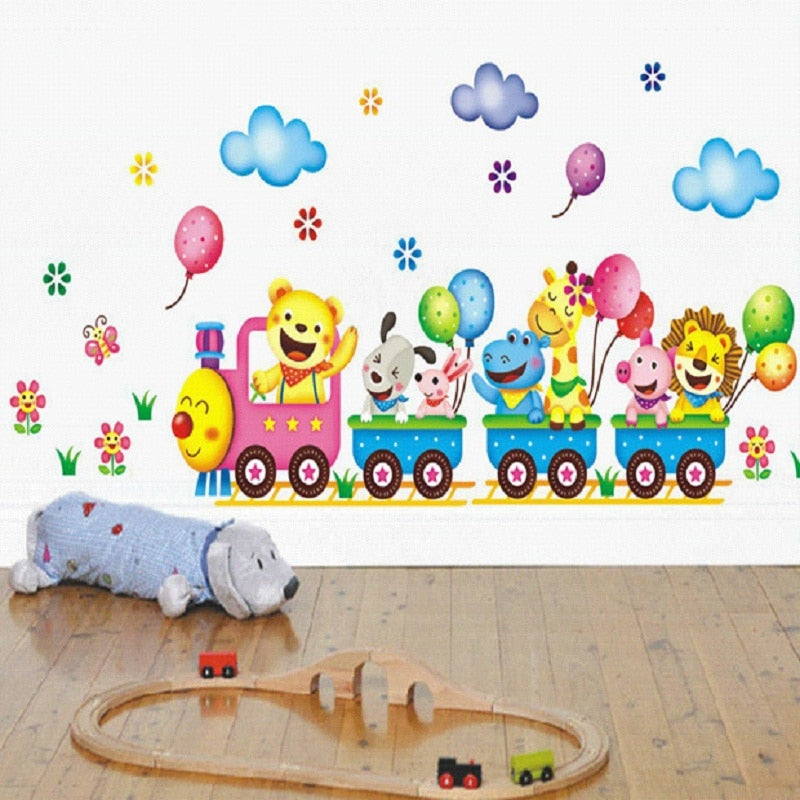 Cute cartoon animal train children room kindergarten decorative wall stickers PVC background wall stickers