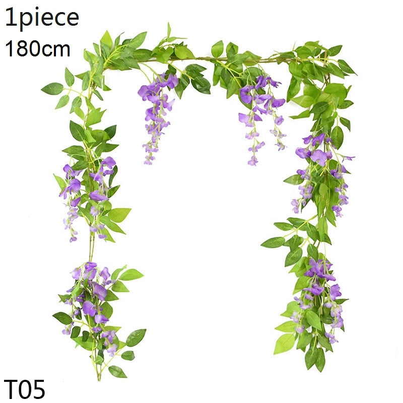 Wisteria Artificial Flower Vine Ivy Leaf Garland Silk Rose Flowers Rattan String Vine Wedding Arch Flower Home Garden Decoration