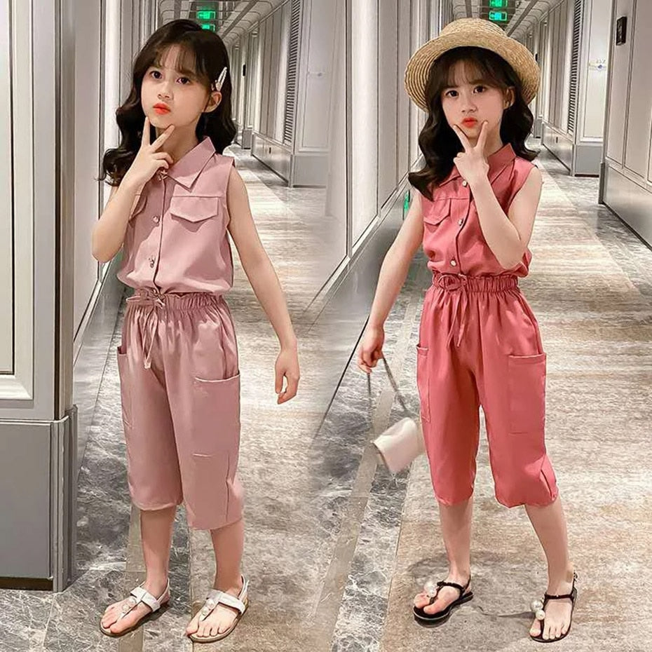 Summer Baby Girls Clothes Sets Sleeveless T-shirt + Pants 2PCS Fashion Children&#39;s Clothing Suits Kids Outfits4-12 Year