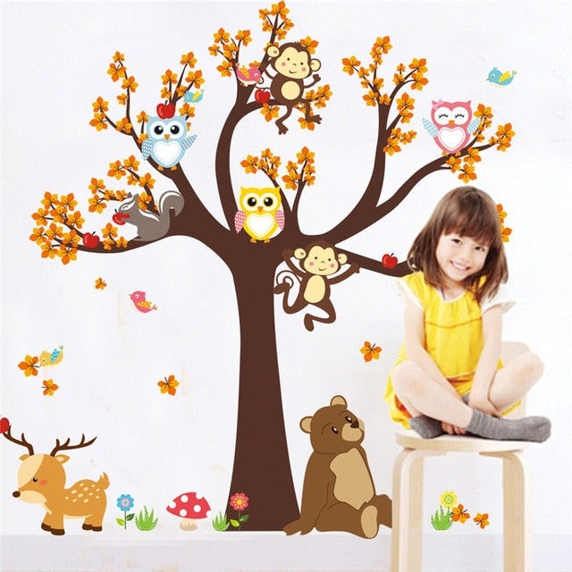 Jungle Forest Tree Animal Owl Monkey Bear Deer Wall Stickers Kids Baby Nursery Rooms Bedroom DIY