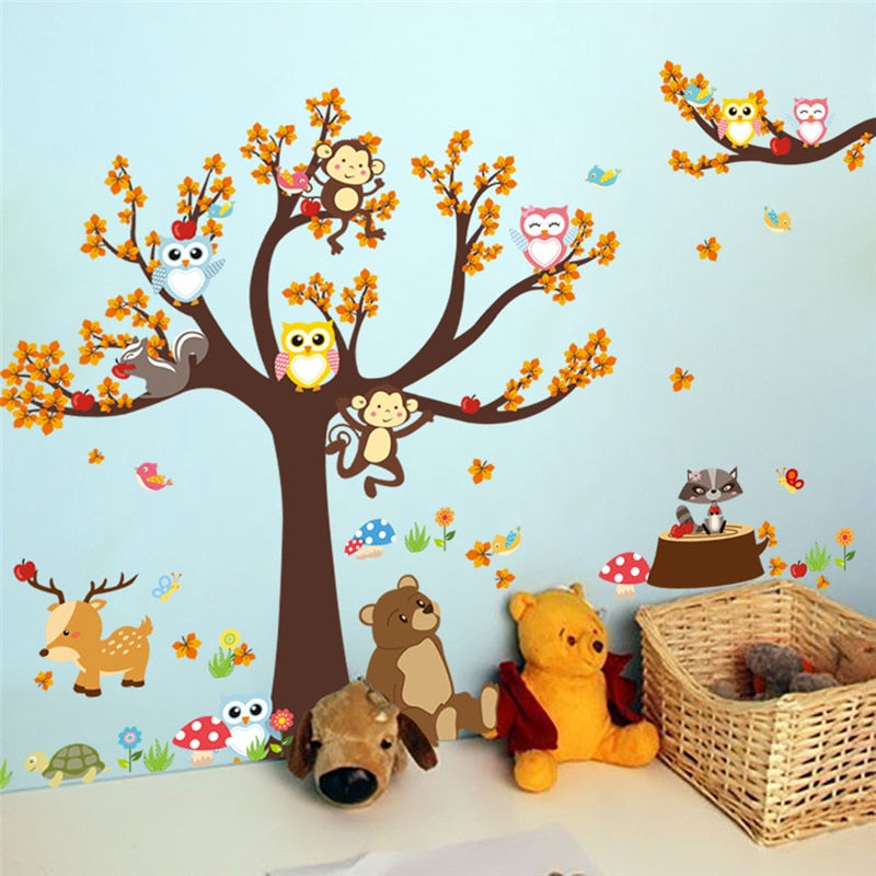 Jungle Forest Tree Animal Owl Monkey Bear Deer Wall Stickers Kids Baby Nursery Rooms Bedroom DIY