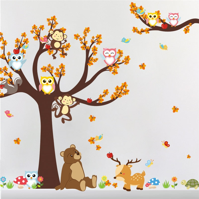 Jungle Forest Tree Animal Owl Monkey Bear Deer Wall Stickers Kids Baby Nursery Rooms Bedroom DIY