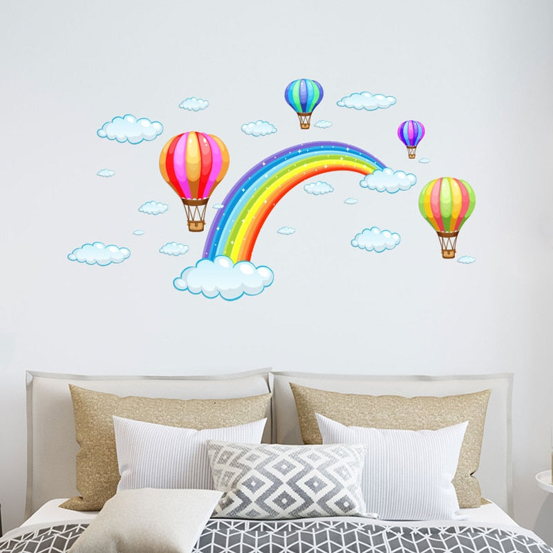 Cartoon Rainbow Cloud Hot Air Balloon Wall Sticker For Kids Baby Rooms Decoration Mural Art Decals Home Decor Stickers Wallpaper