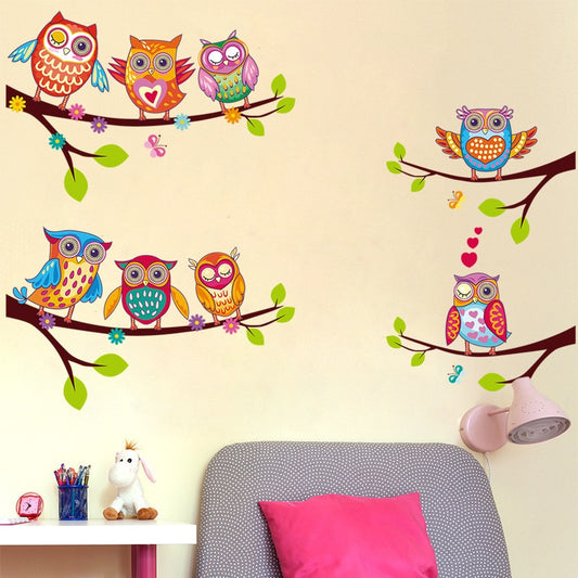 Colorful Owls Cartoon Wall Stickers Owls On The Tree Children Room Home Decor Decals Wall Stickers for Kids Rooms Removable