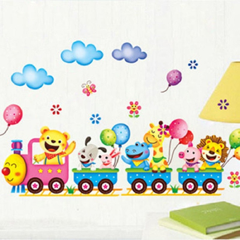 Cute cartoon animal train children room kindergarten decorative wall stickers PVC background wall stickers