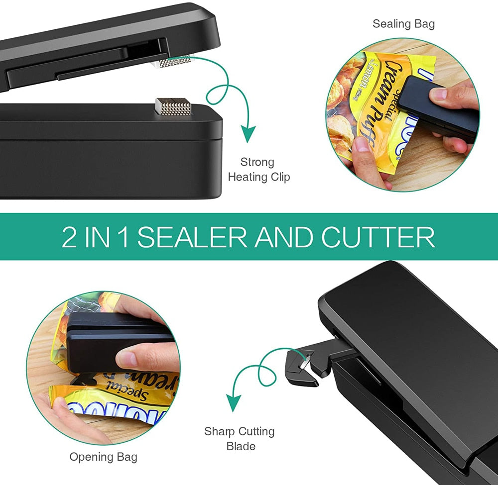 Mini Bag Sealer 2 in 1 Rechargeable Portable Bag Vacuum Heat Sealer&amp;Cutter for Plastic Snack PVC