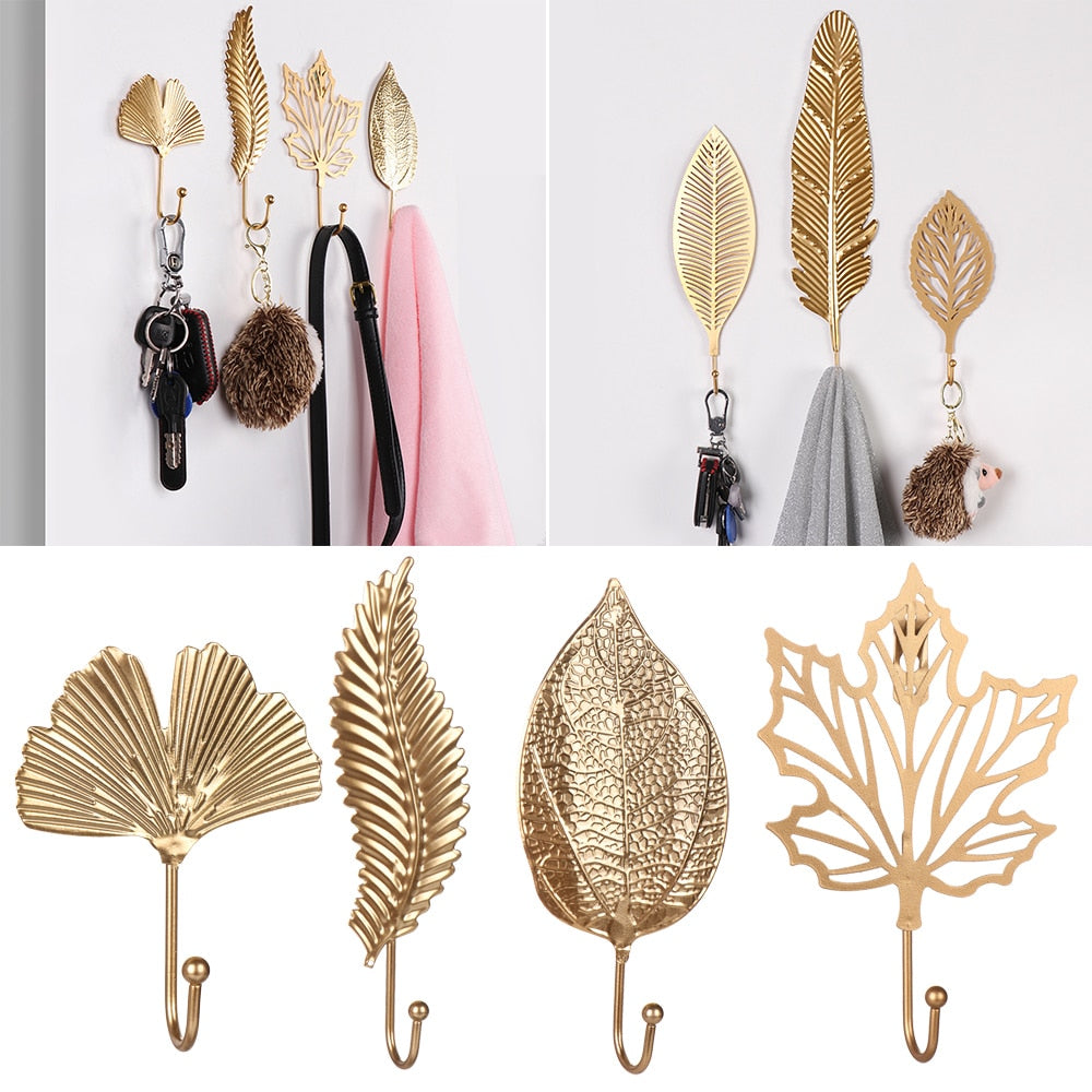 Nordic Style Gold/Green Leaf Shape Wrought Iron Hook