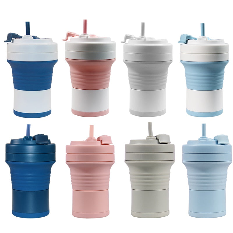 Food Grade Silicone Coffee Cups  With Straw BPA FREE 550/750ML Water Cup Outdoors Camping Hiking  Foldable Water Bottle