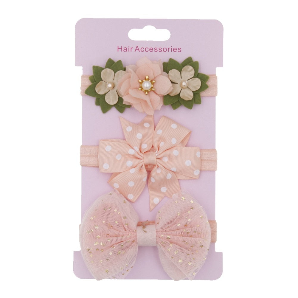 3Pcs Pearl Flower Baby Headband Infant Girl Nylon Elastic Hair Bands