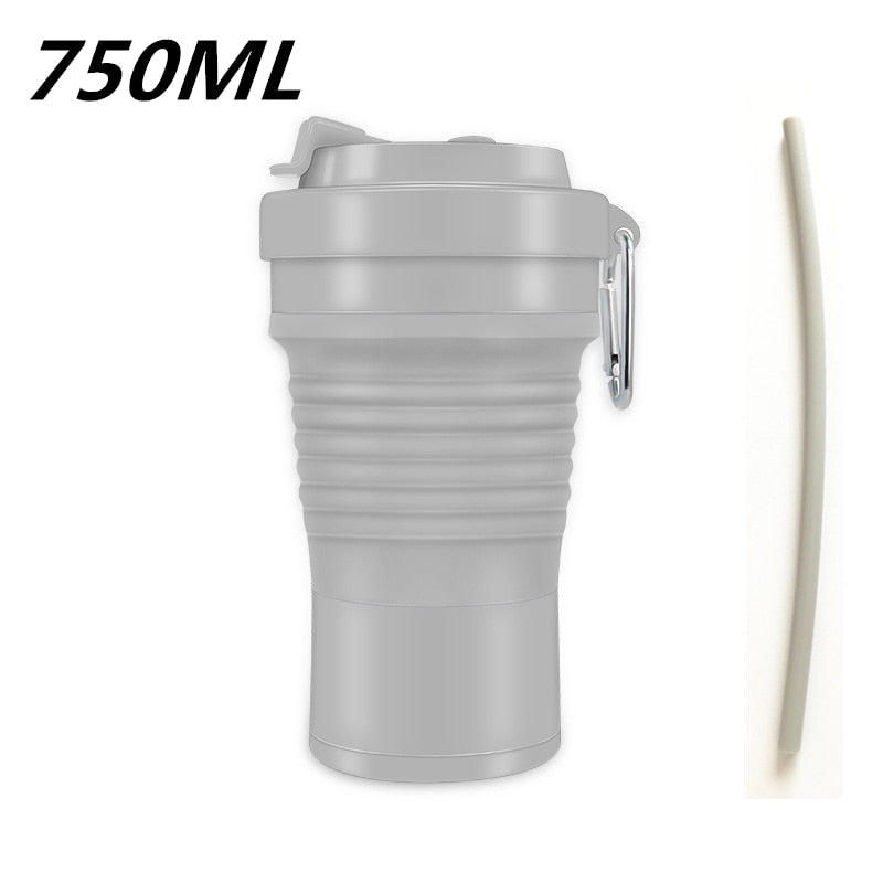 Food Grade Silicone Coffee Cups  With Straw BPA FREE 550/750ML Water Cup Outdoors Camping Hiking  Foldable Water Bottle