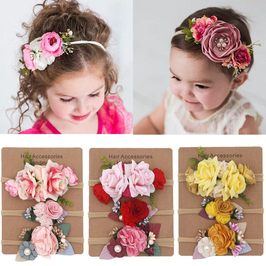 3Pcs Pearl Flower Baby Headband Infant Girl Nylon Elastic Hair Bands