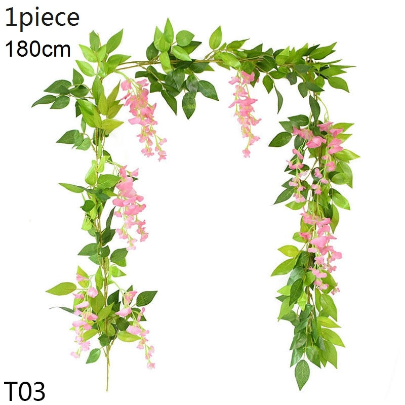 Wisteria Artificial Flower Vine Ivy Leaf Garland Silk Rose Flowers Rattan String Vine Wedding Arch Flower Home Garden Decoration