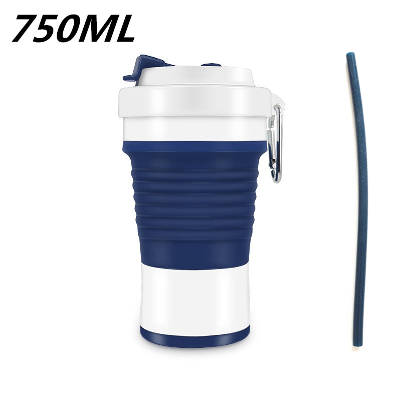 Food Grade Silicone Coffee Cups  With Straw BPA FREE 550/750ML Water Cup Outdoors Camping Hiking  Foldable Water Bottle