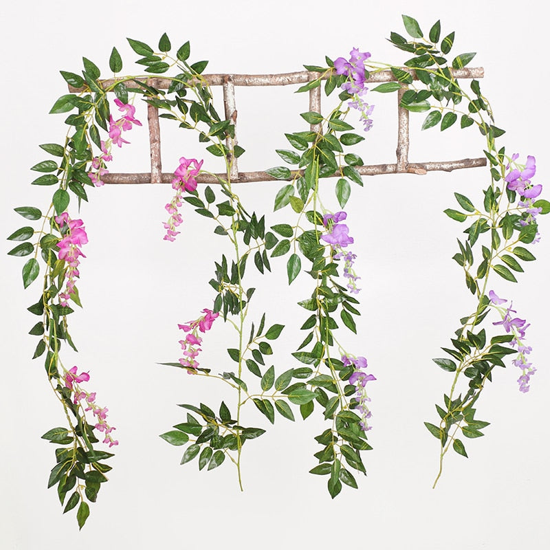 Wisteria Artificial Flower Vine Ivy Leaf Garland Silk Rose Flowers Rattan String Vine Wedding Arch Flower Home Garden Decoration