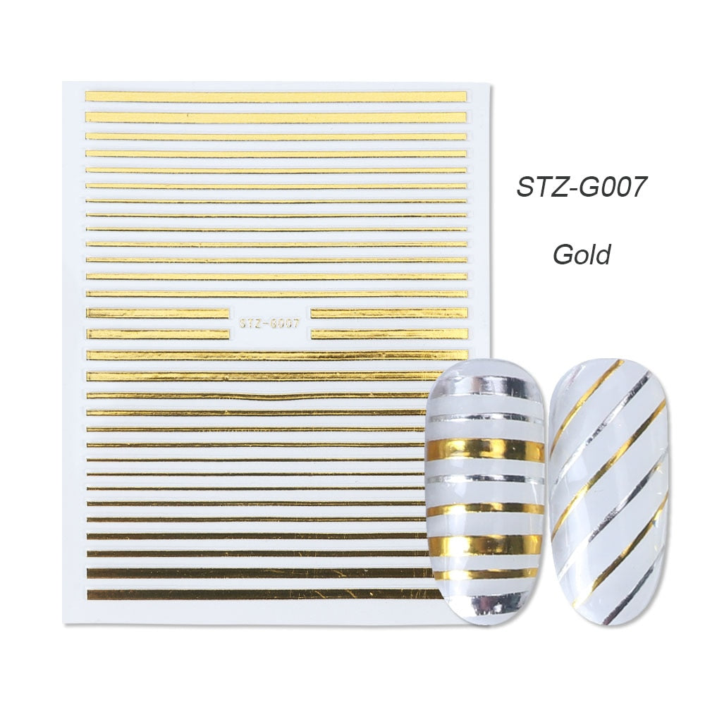 3D Simple Lines Nail Stickers Rose Gold Metal Stripe Letters Decals Curve Gel Nails Art Sliders Polish