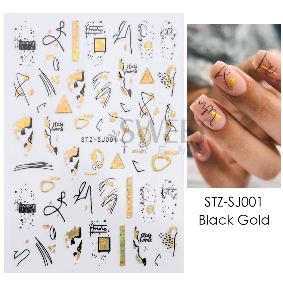 3D Simple Lines Nail Stickers Rose Gold Metal Stripe Letters Decals Curve Gel Nails Art Sliders Polish