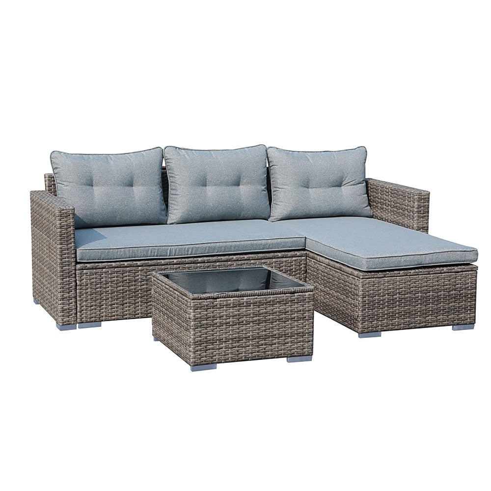 JARDINA 3PCS Outdoor Patio Furniture Sofa Set All-Weather Wicker Rattan with Cushions Tempered Glass Coffee Table