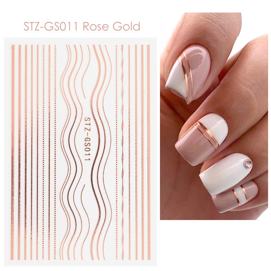 3D Simple Lines Nail Stickers Rose Gold Metal Stripe Letters Decals Curve Gel Nails Art Sliders Polish