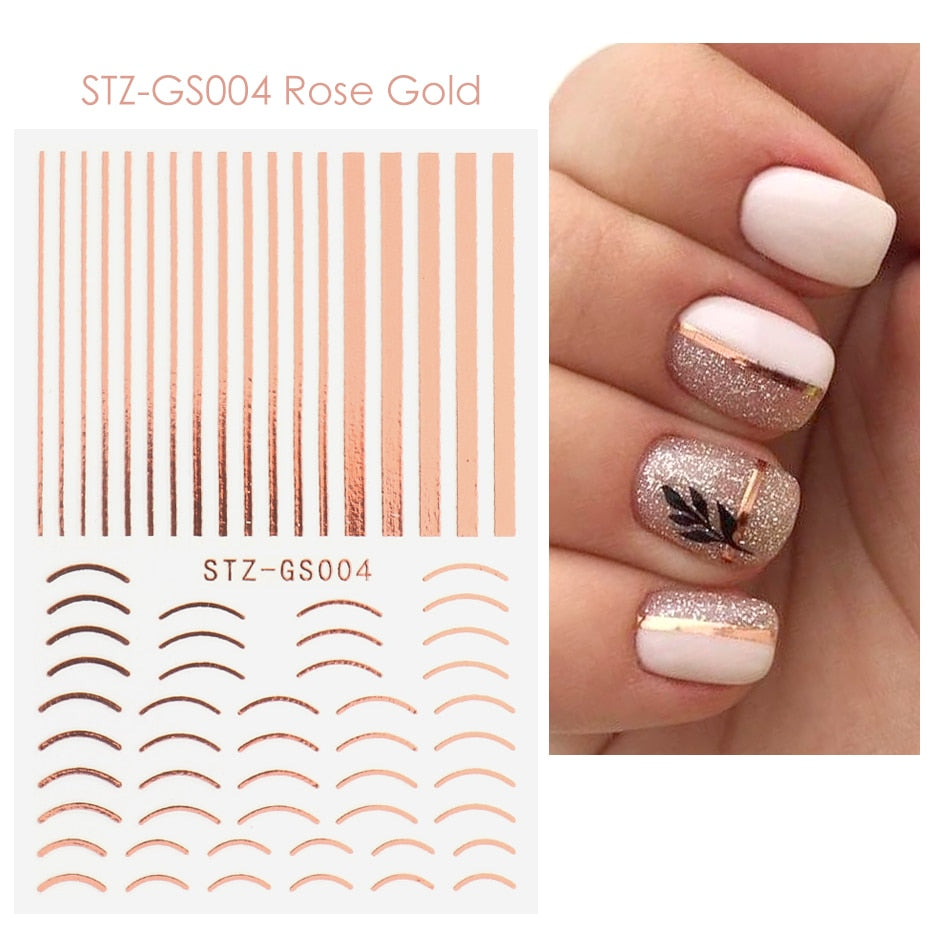 3D Simple Lines Nail Stickers Rose Gold Metal Stripe Letters Decals Curve Gel Nails Art Sliders Polish