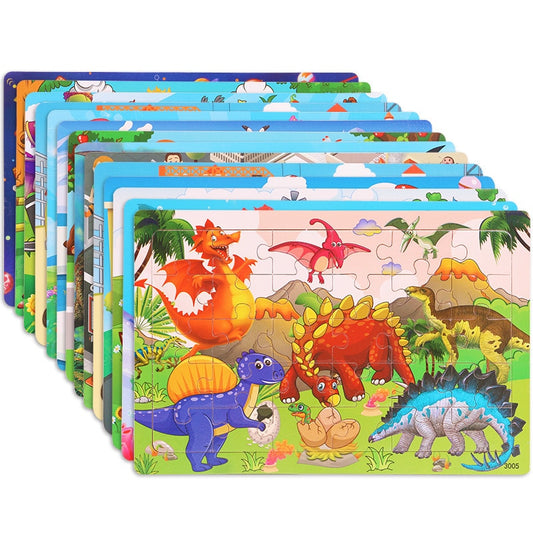 Wooden 30pcs Puzzles Children Animal Dinosaur Cartoon Plane Puzzle Baby Early Education