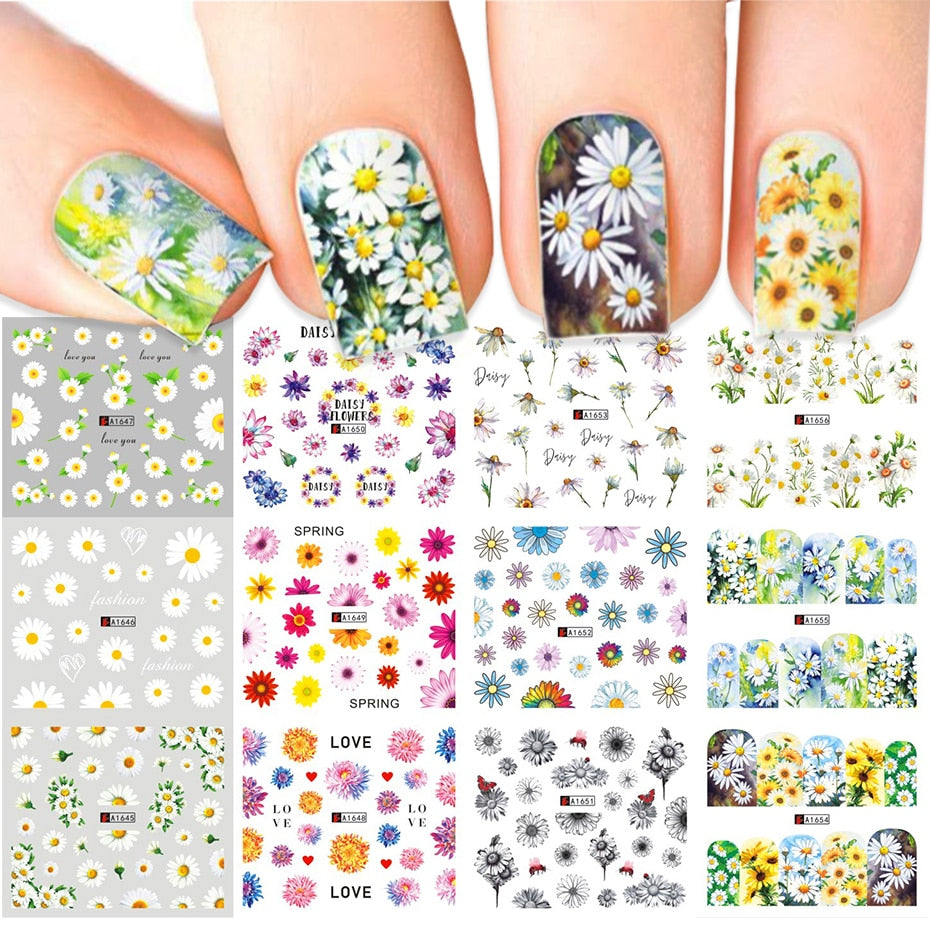 12pcs Nail Stickers Gold Flower Leaf Lace Design Geometry Line Nail Art Sliders Manicure Polish Decal Wrap