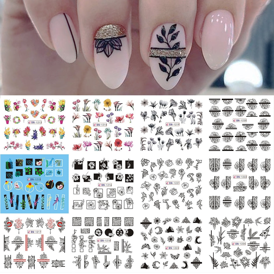 12pcs Nail Stickers Gold Flower Leaf Lace Design Geometry Line Nail Art Sliders Manicure Polish Decal Wrap