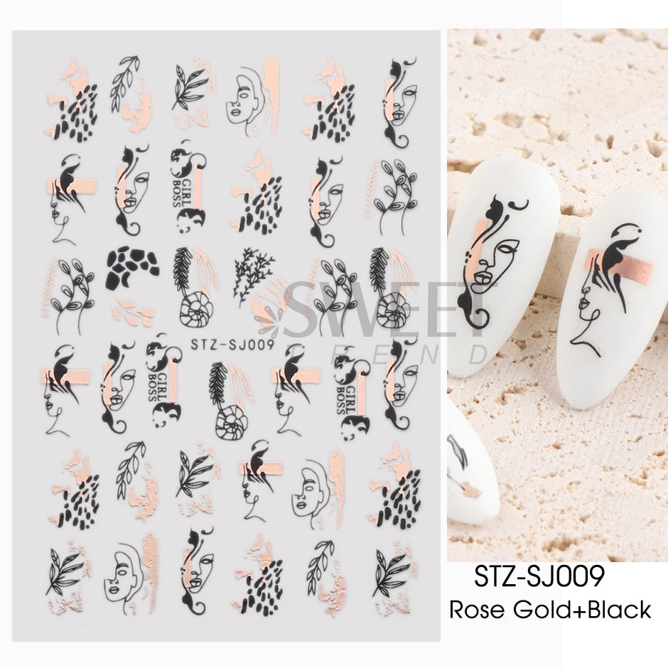 3D Simple Lines Nail Stickers Rose Gold Metal Stripe Letters Decals Curve Gel Nails Art Sliders Polish