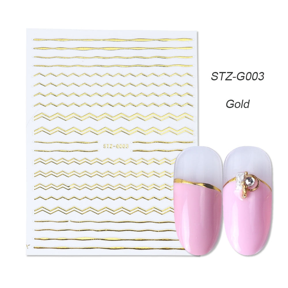 3D Simple Lines Nail Stickers Rose Gold Metal Stripe Letters Decals Curve Gel Nails Art Sliders Polish