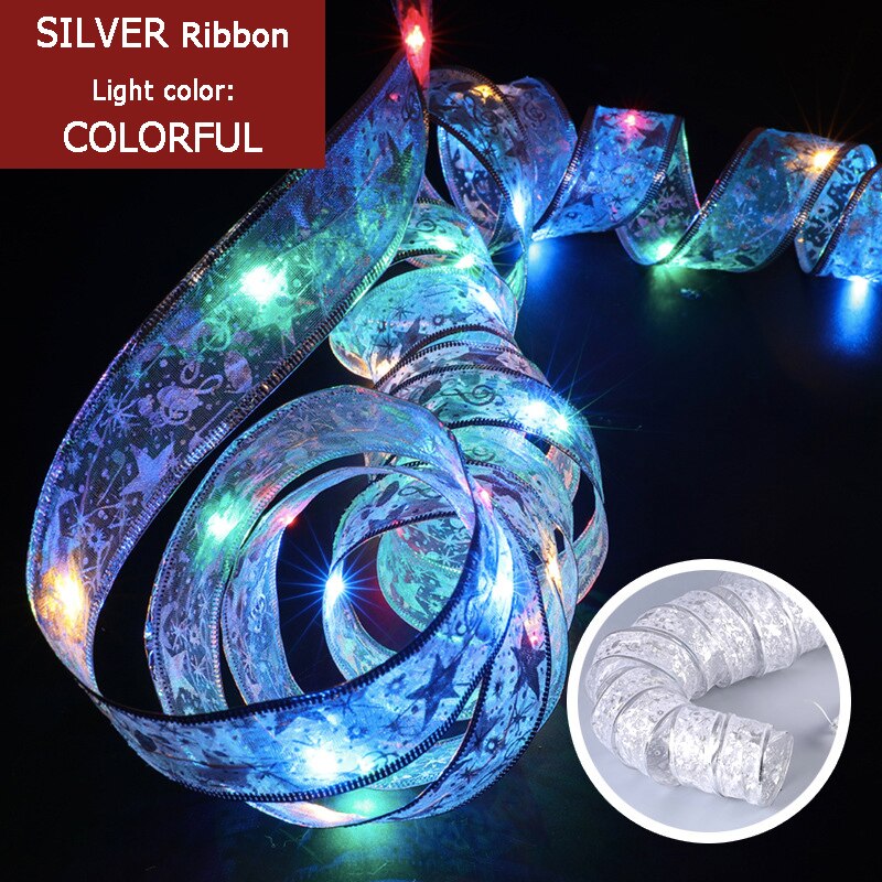 2023 New Year Christmas Decoration LED Ribbon Lights Christmas Tree Ornaments Home Decors DIY Lace Bows String Lights