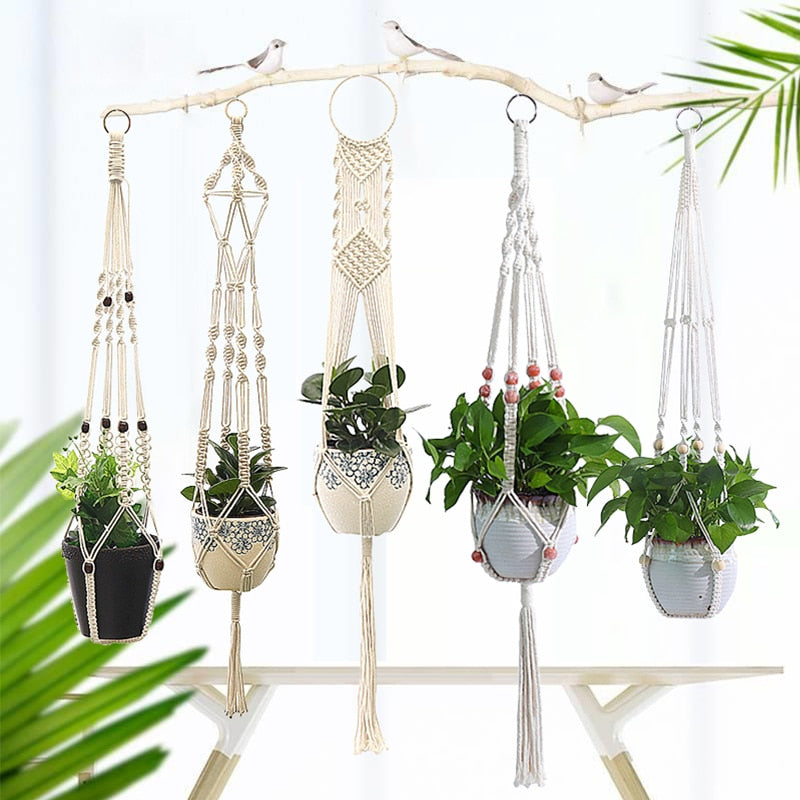 Plant Hanging Basket Wall Hanger Flower Pot Pocket Handmade Macrame Woven Potted Net Bag  Balcony Boho Home Decor