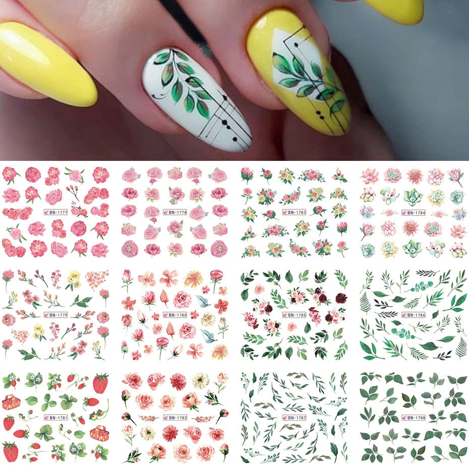 12pcs Nail Stickers Gold Flower Leaf Lace Design Geometry Line Nail Art Sliders Manicure Polish Decal Wrap